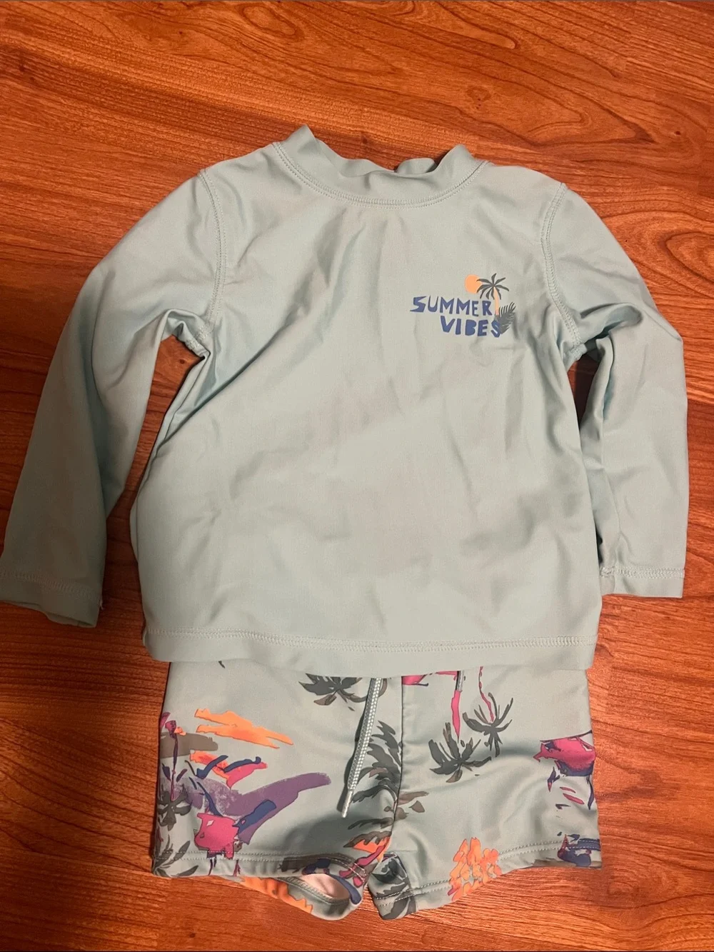 OshKosh B'gosh Light Seafoam 'Summer Vibes' Rash Guard Set with Tropical Print